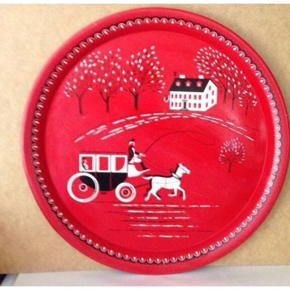 Vintage large metal red tray Horse Buggy Carriage Colonial Stagecoach scene 16"